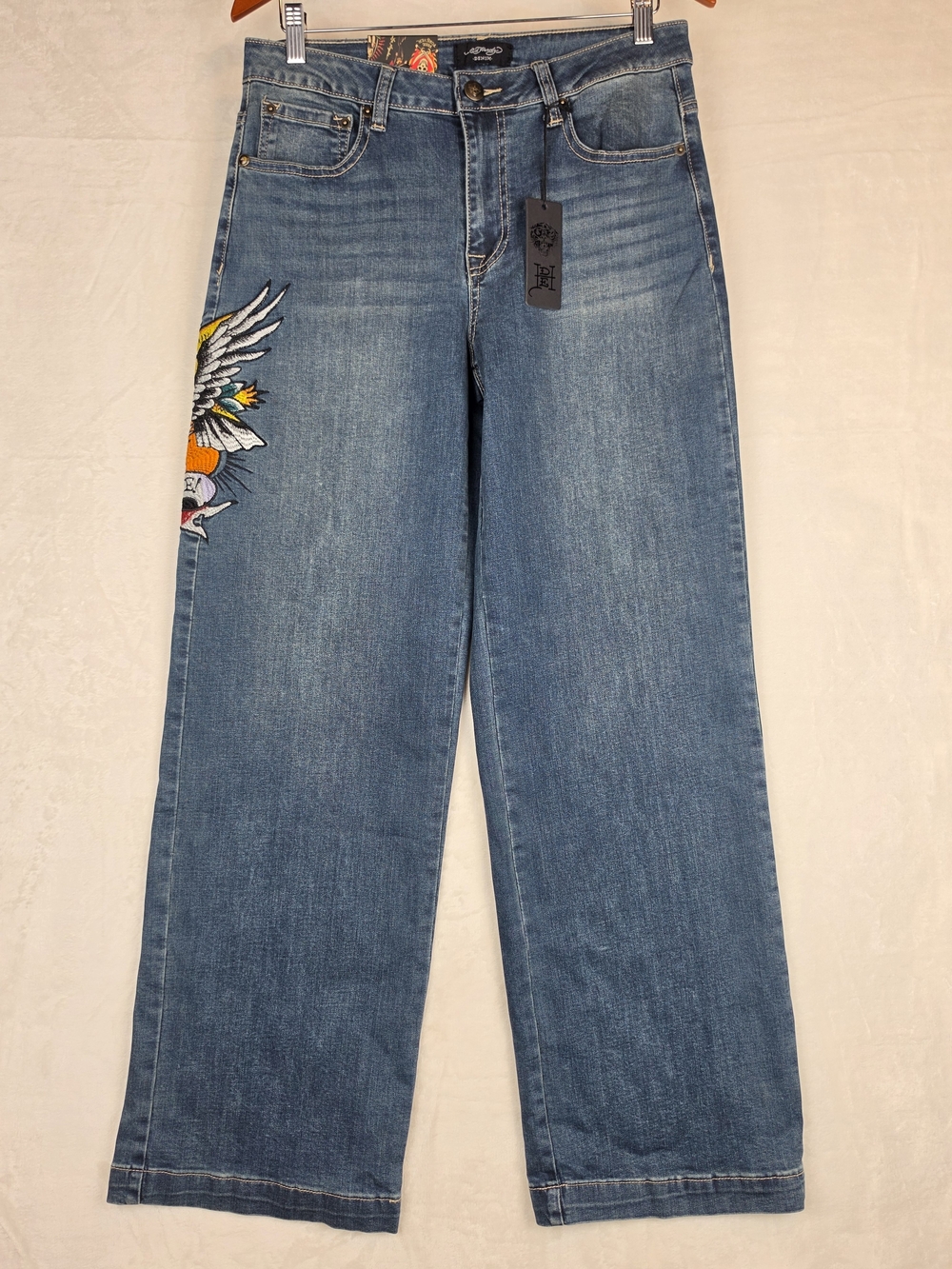 NWT Ed Hardy Brave Hearts Eagle Wide Leg Jeans Women's 30 WEHD8300-2 Medium Wash